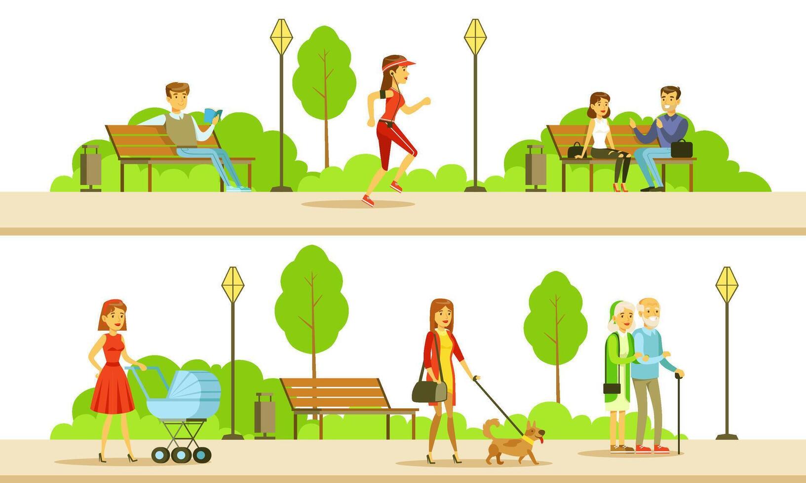 People Relaxing and Doing Sports in the Public Park, Men and Women Running, Reading Book, Walking Illustration vector