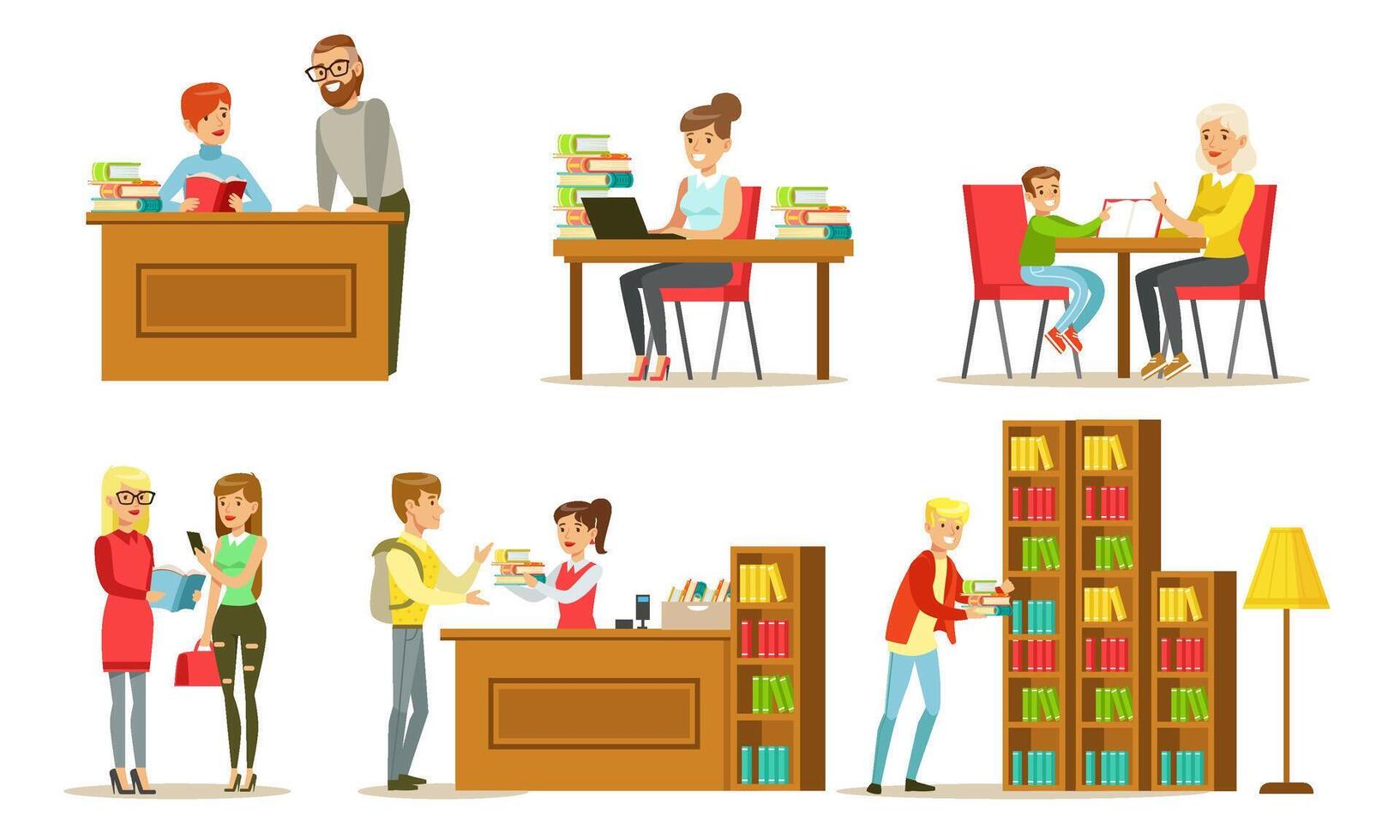 People in Library Set, Visitors and Students Reading Books, Studying and Preparing for Examination Illustration vector