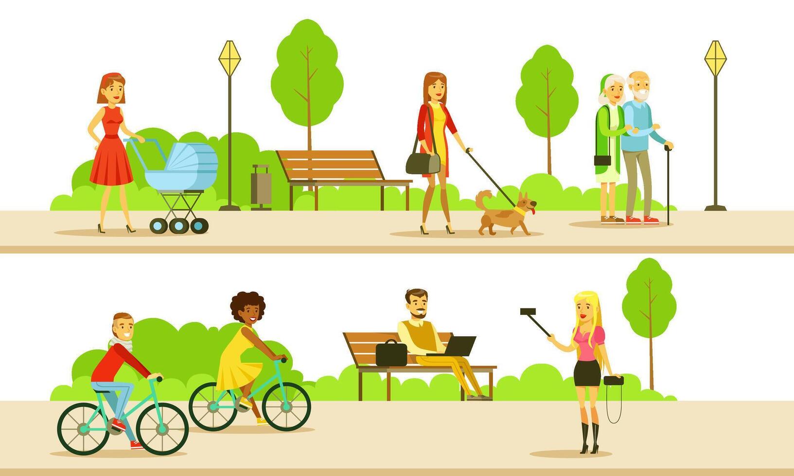People Relaxing and Doing Sports in the Public Park, Men and Women Walking, Riding Bicycle, Using Laptop Computer, Making Selfie Illustration vector