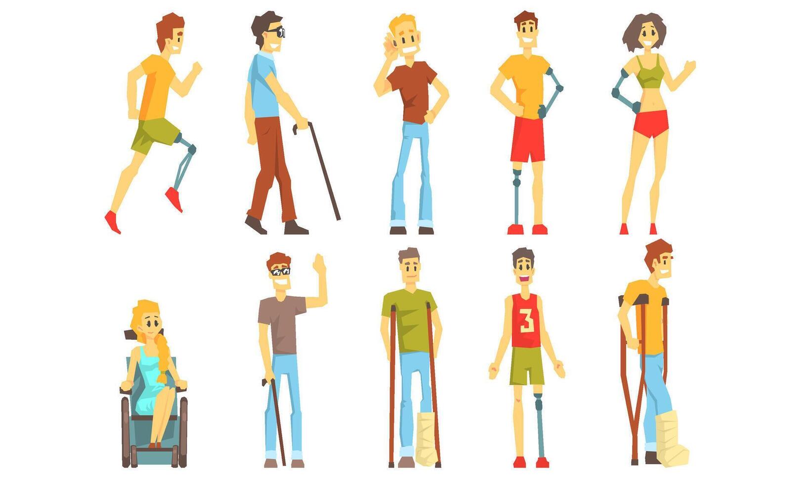 Cheerful Disabled Handicapped People Set, Blind, Deaf, Injured and Handicapped Persons Illustration vector