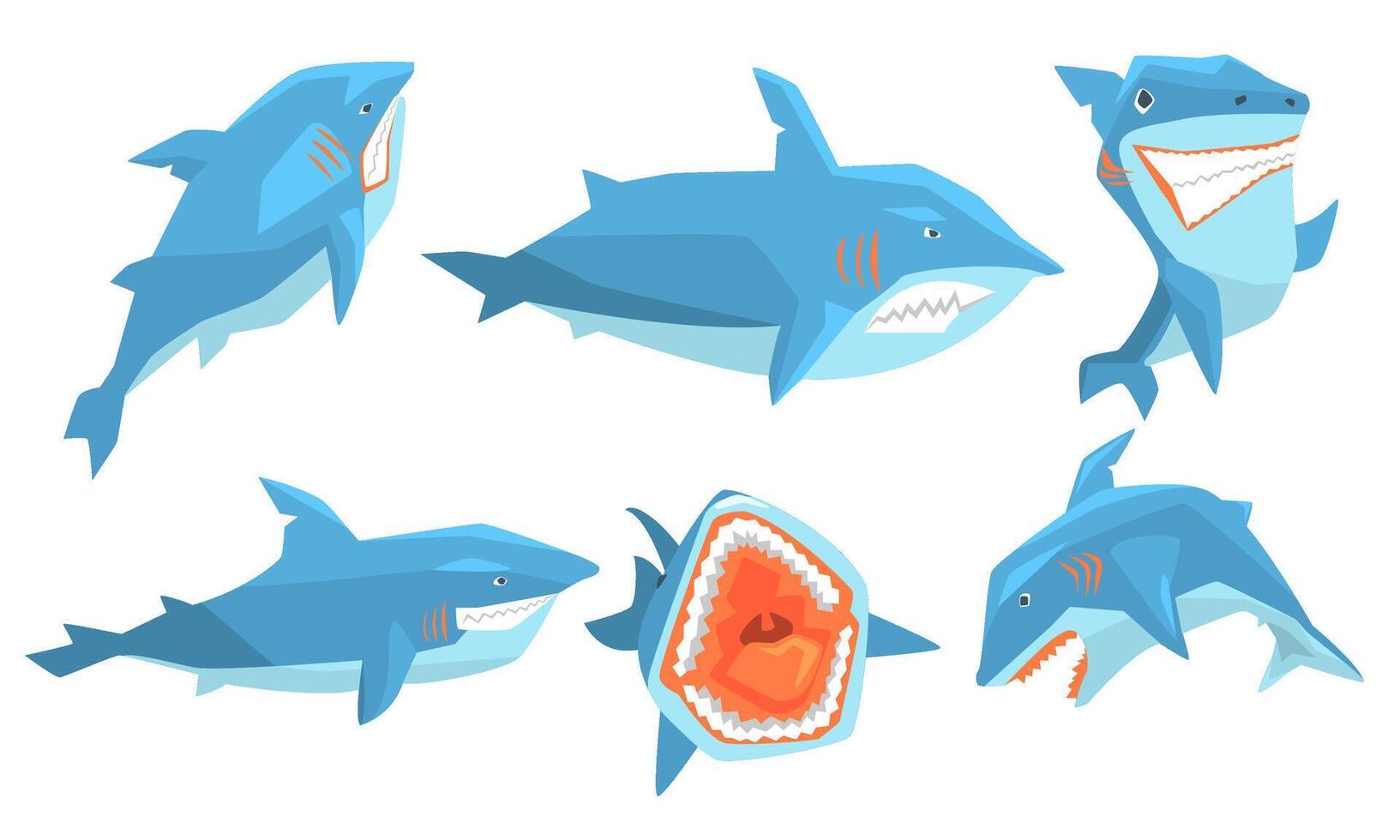 Shark in Different Poses Set, Ocean Scary Animal Character, Underwater Marine Predator Illustration vector