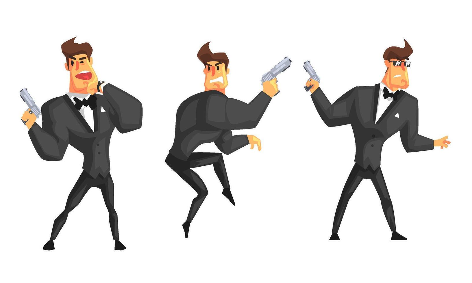 Spy Man in Black Leather Clothes with Gun Set, Secret Agent in Different Actions Illustration vector