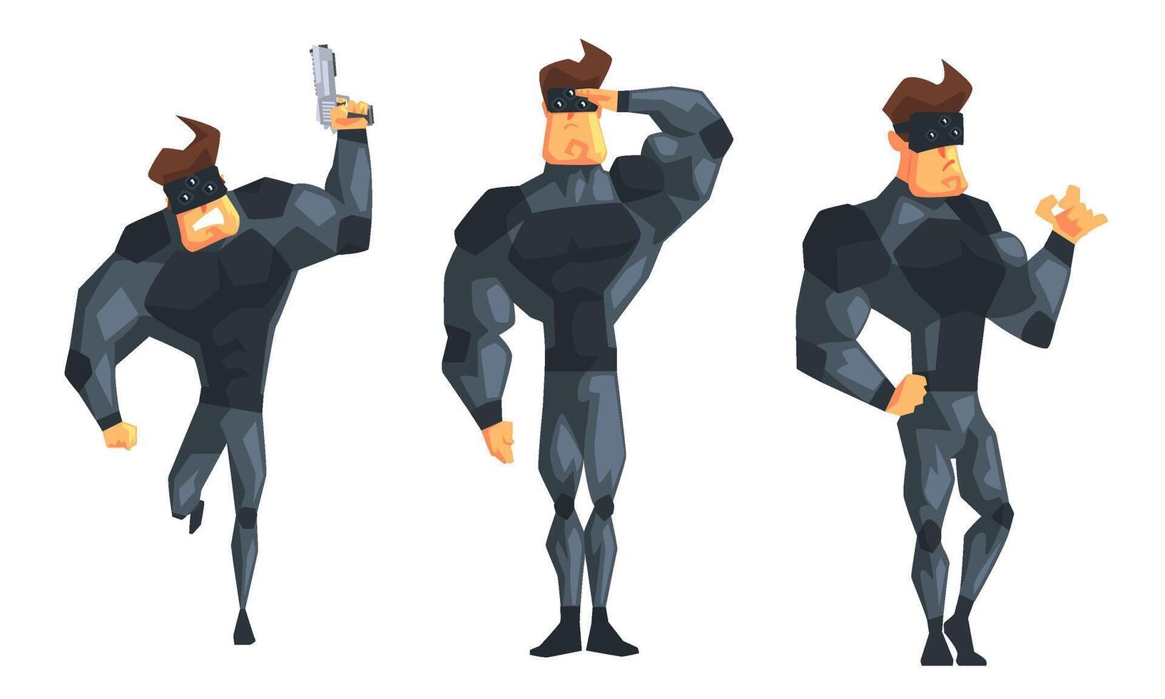 Secret Agent in Black Suir in Different Actions Set Illustration vector