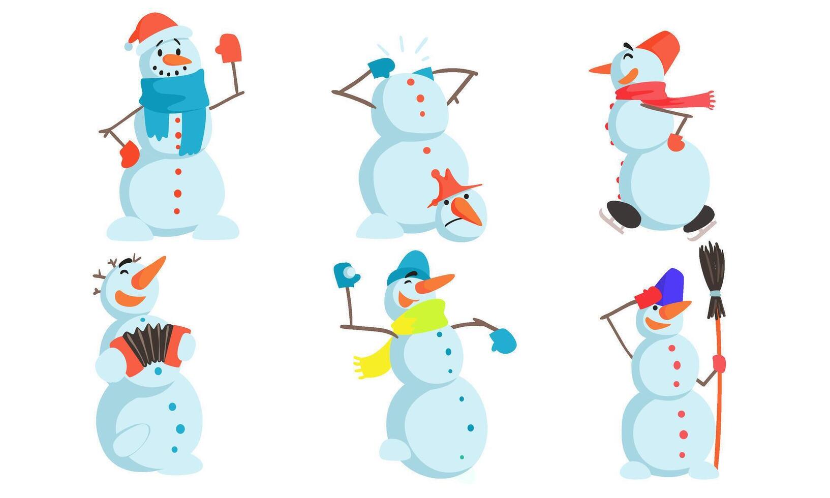 Funny Snowmen Set, Winter Christmas Humanized Character in Action Illustration vector