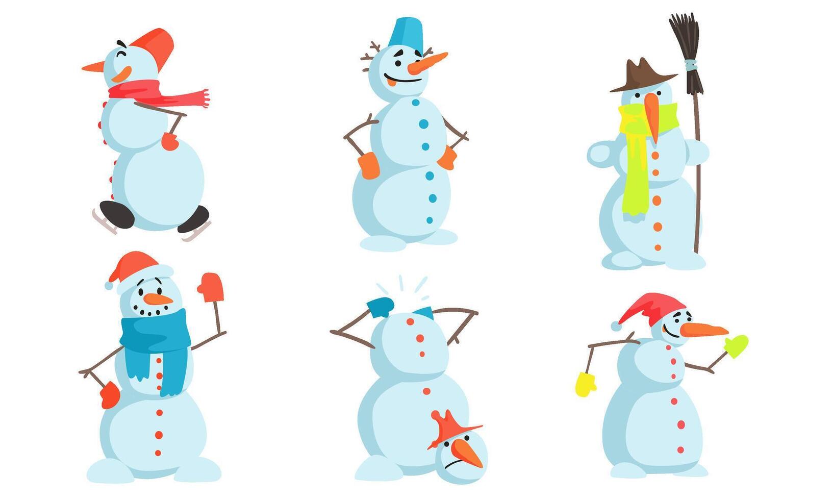Funny Snowmen Set, Winter Christmas Character in Action Illustration vector