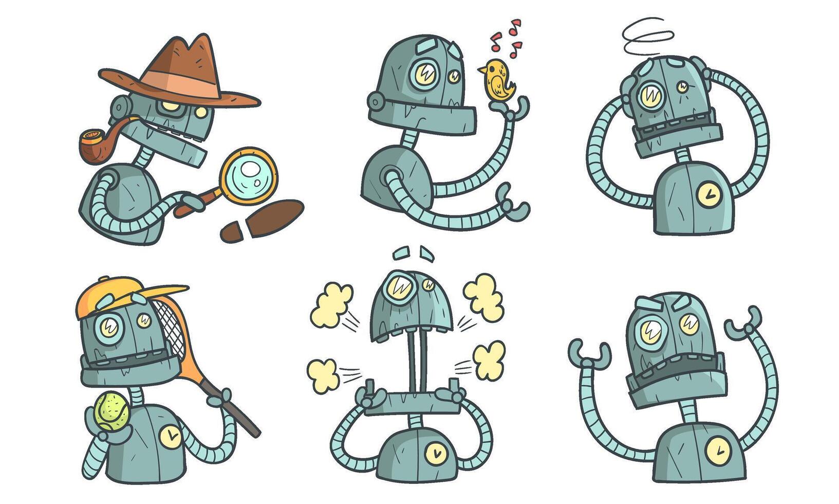 Vintage Robot Character Set, Funny Steampunk Robotics in Different Situations Illustration vector