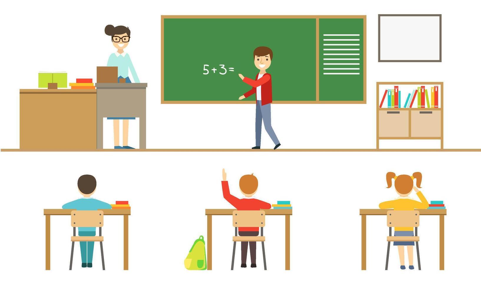 School Lesson, Pupils Sitting at Desk, View from Behind, Schoolboy Standing at Blackboard, Female Teacher Teaching Students Illustration vector