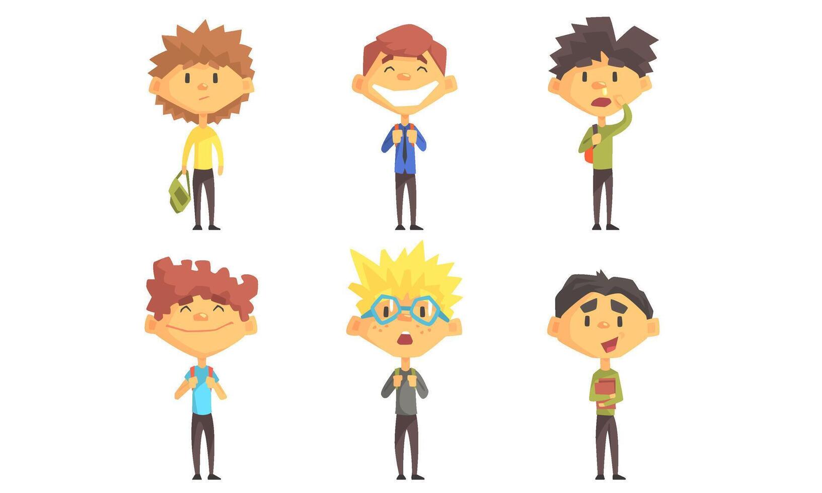 Funny School Boys Cartoon Characters with Various Emotions Set Illustration vector