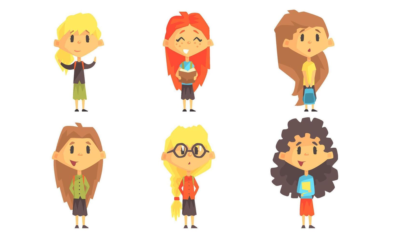 Funny School Girls Cartoon Characters with Various Emotions Set Illustration vector