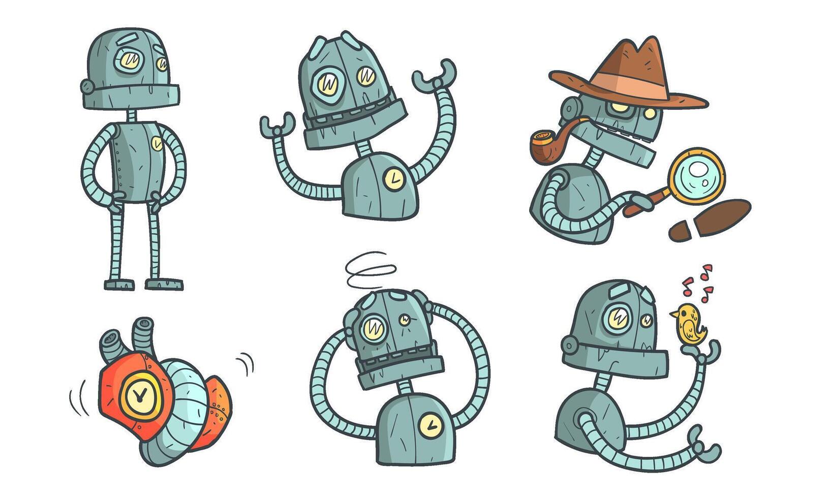 Vintage Robot Character Set, Steampunk Robotics in Different Situations Illustration vector