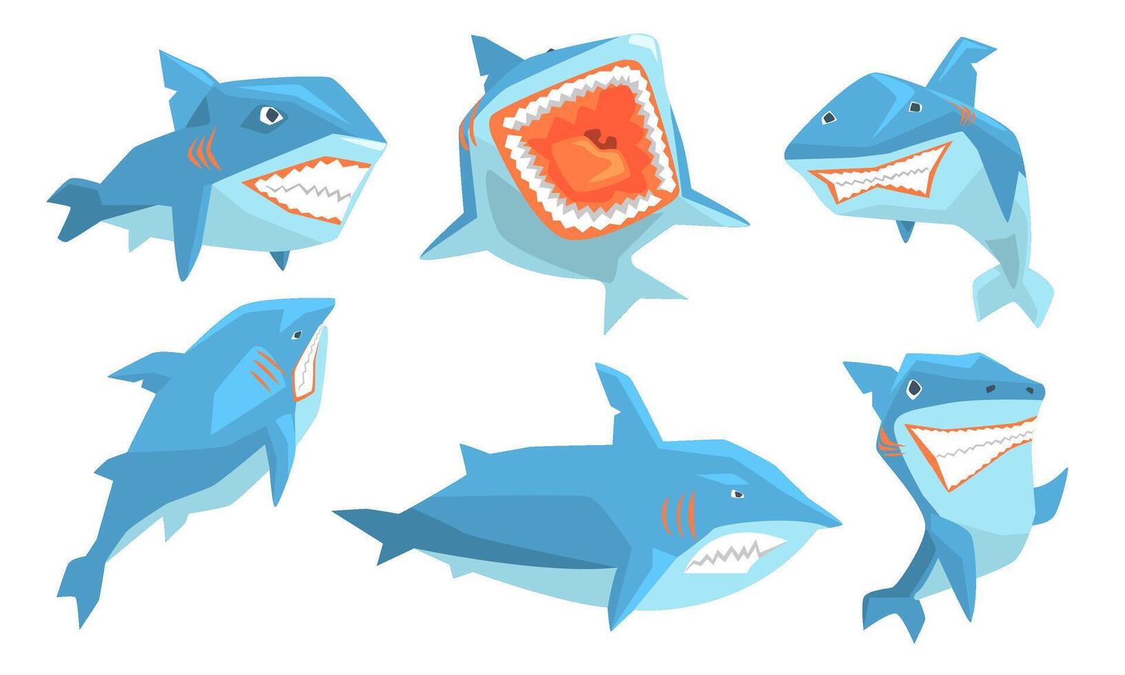 Blue Shark in Different Poses Set, Ocean Scary Animal Character, Underwater Marine Predator Illustration vector