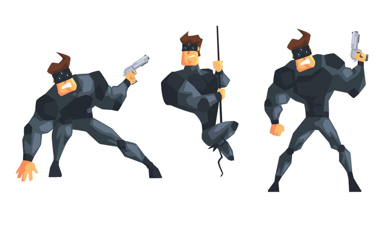 Secret Agent or Spy in Black Suir in Different Actions Set Illustration vector