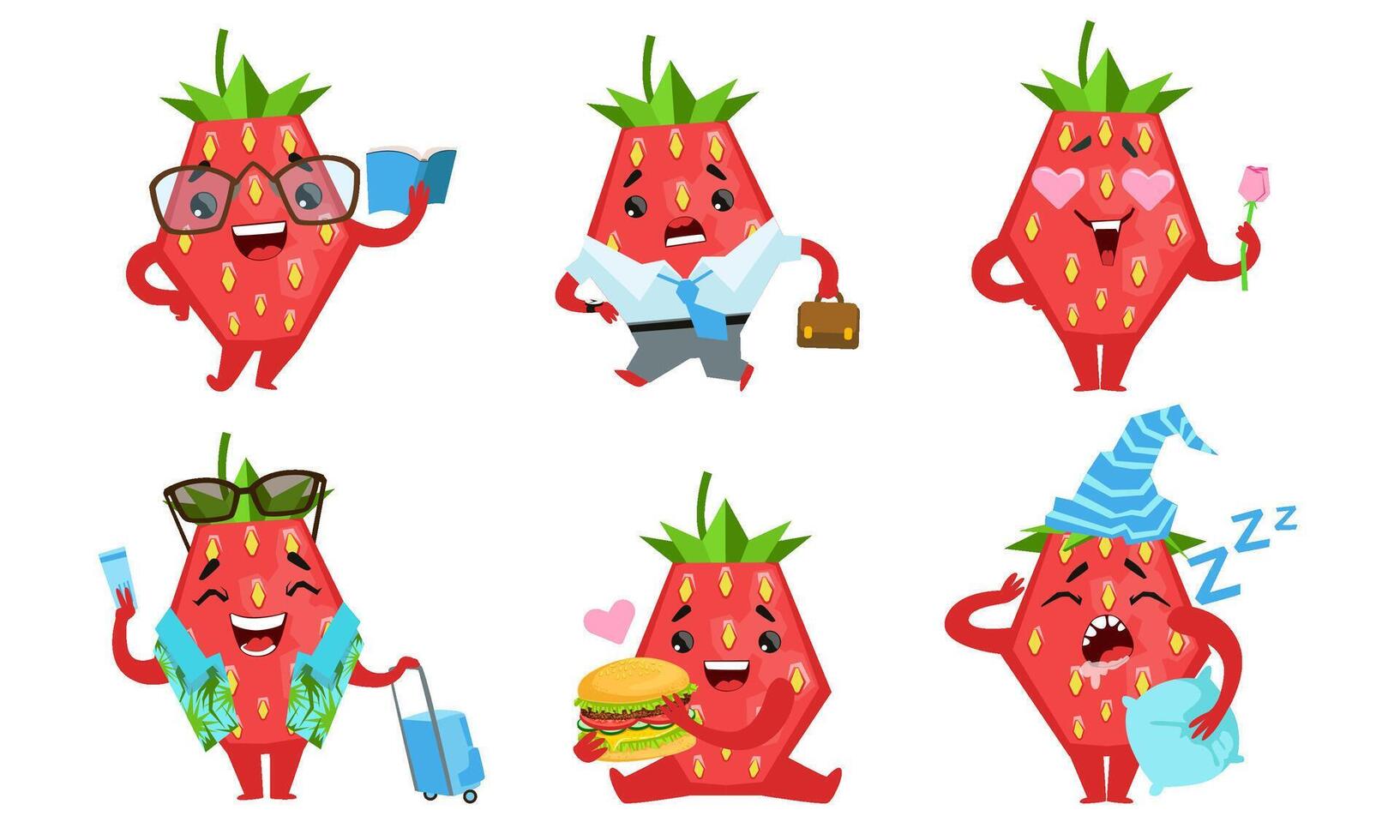 Cute Strawberry Cartoon Character Set, Funny Fruit in Different Situations Illustration vector
