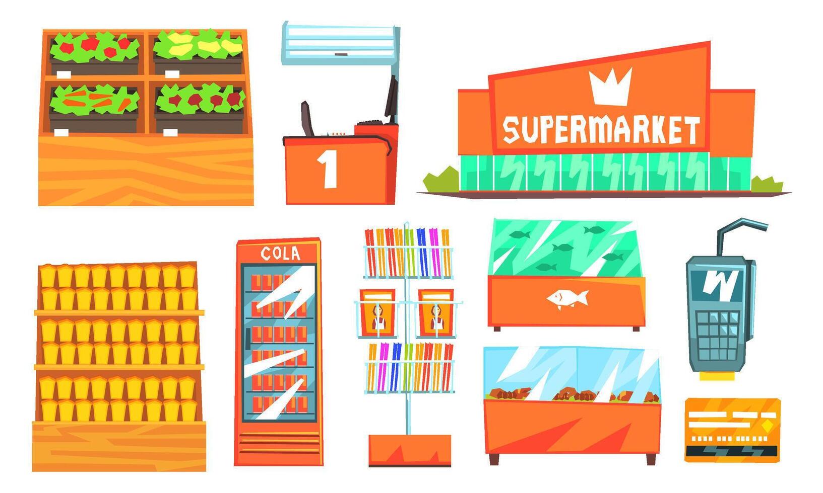 Supermarket Interior Elements Set, Building, Shelves, Showcases, Freezers Illustration vector
