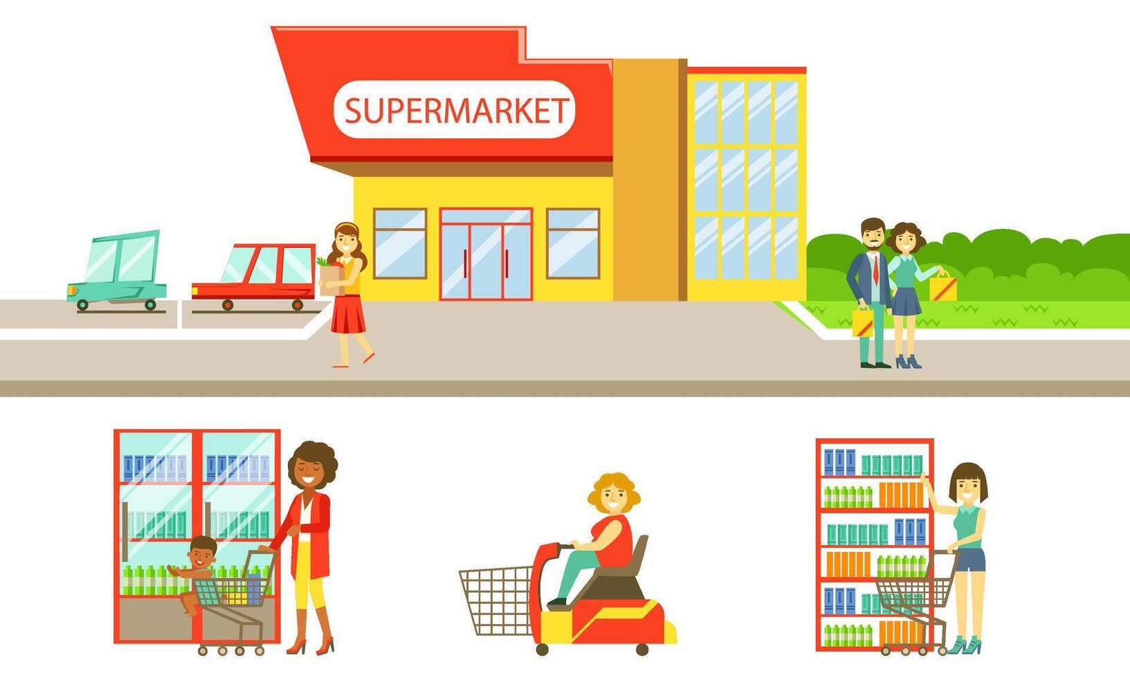 Supermarket Interior Elements Set, Building, Shelves, Showcase, Freezer, People Choosing and Buying Products in the Shop Illustration vector