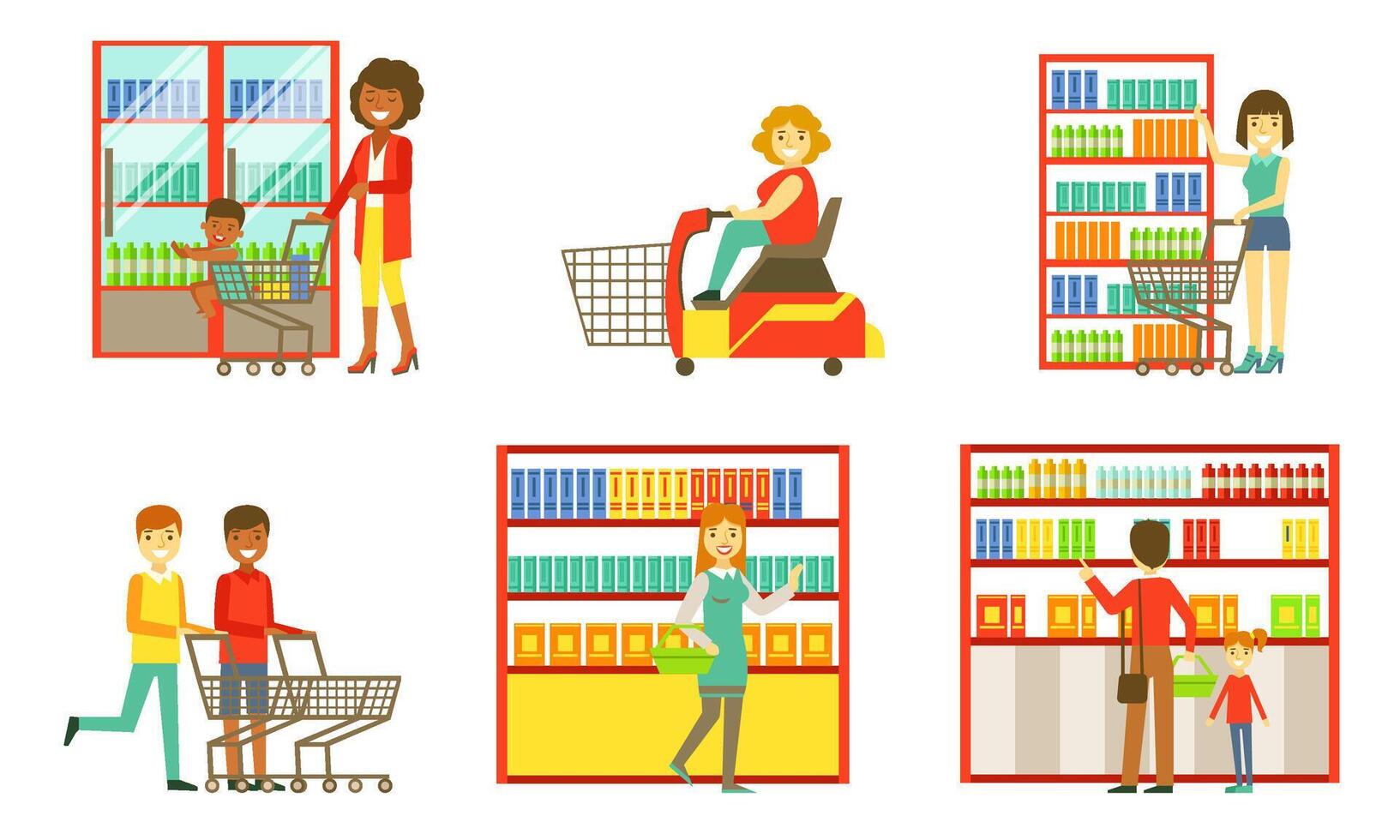 Supermarket Interior Elements Set, People Choosing and Buying Products in the Shop Illustration vector