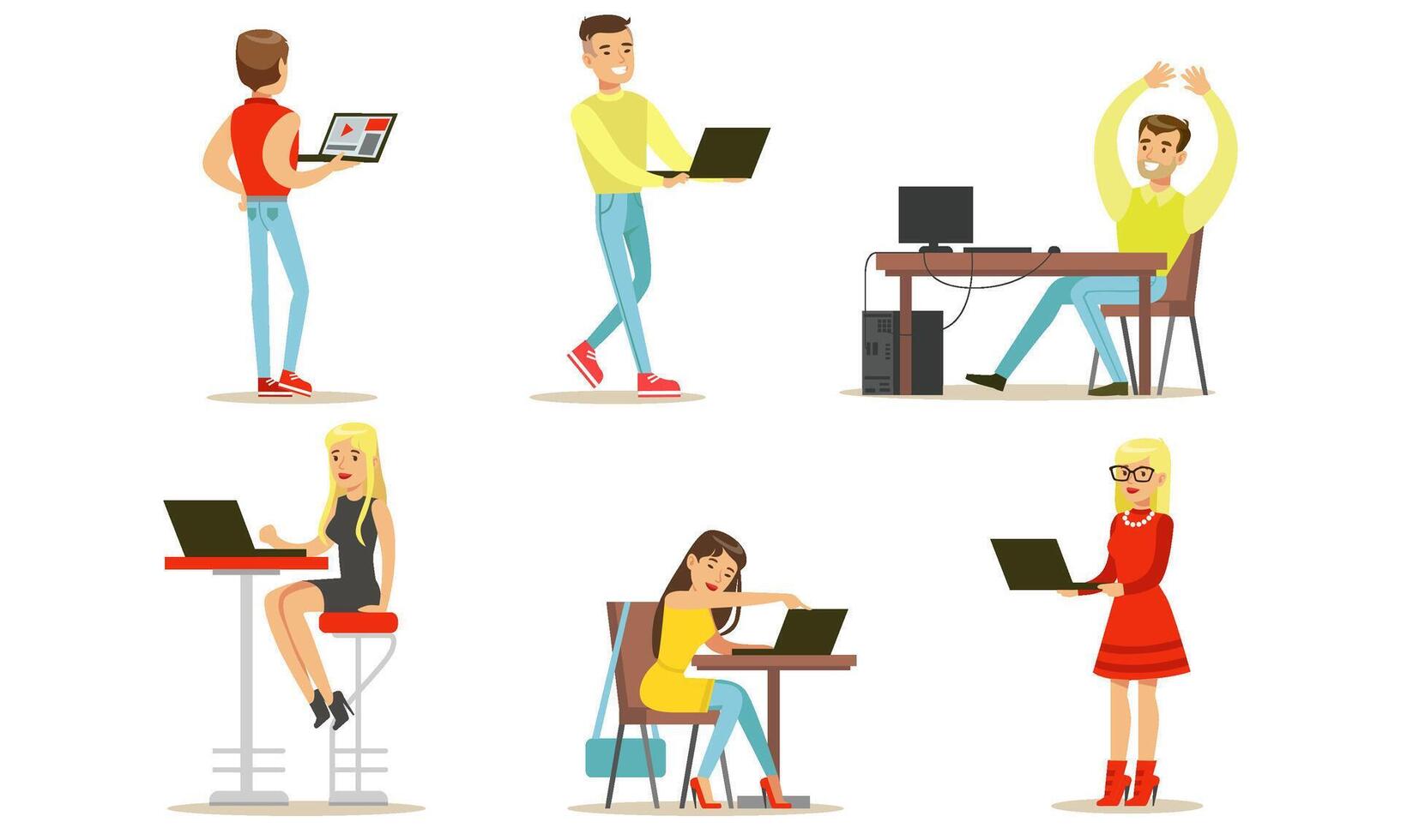 People Using Laptop Computers Set, Young Men and Women Working, Communicating and Surfing Internet on their Computers Illustration vector