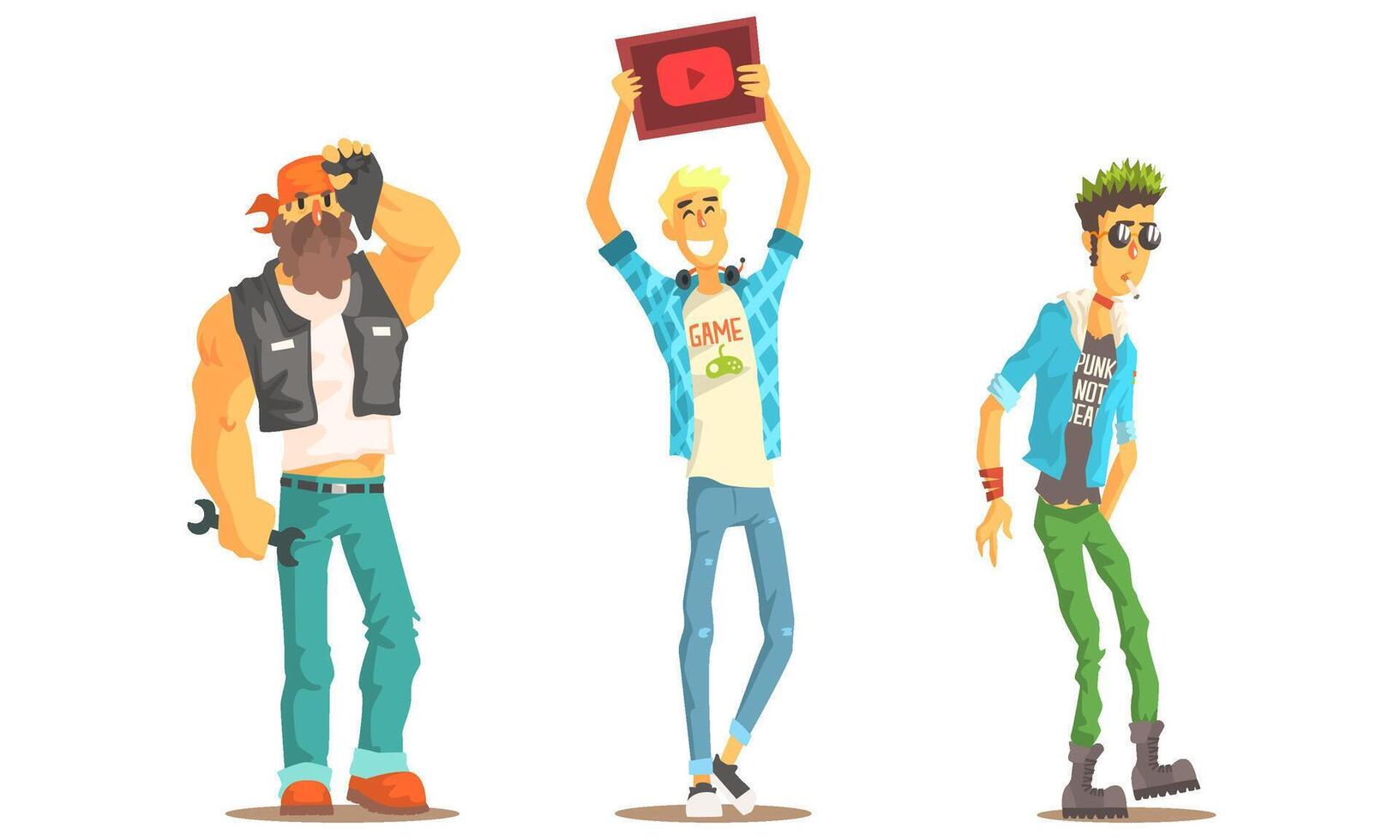 Men of Different Subcultures Set, Biker, Blogger, Punk Male Characters Illustration vector