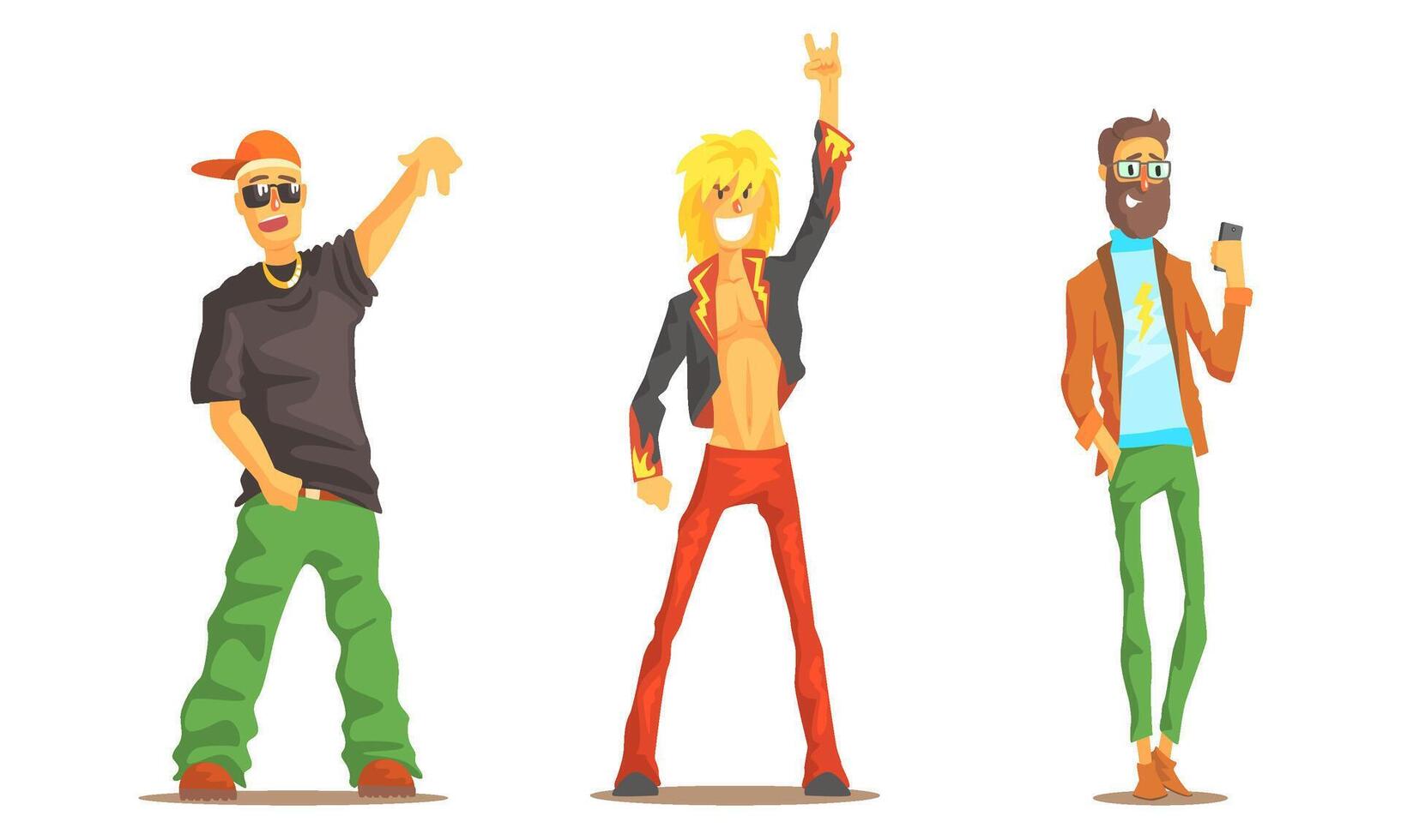Men of Different Subcultures Set, Rocker, Hipster, Rapper Male Characters Illustration vector