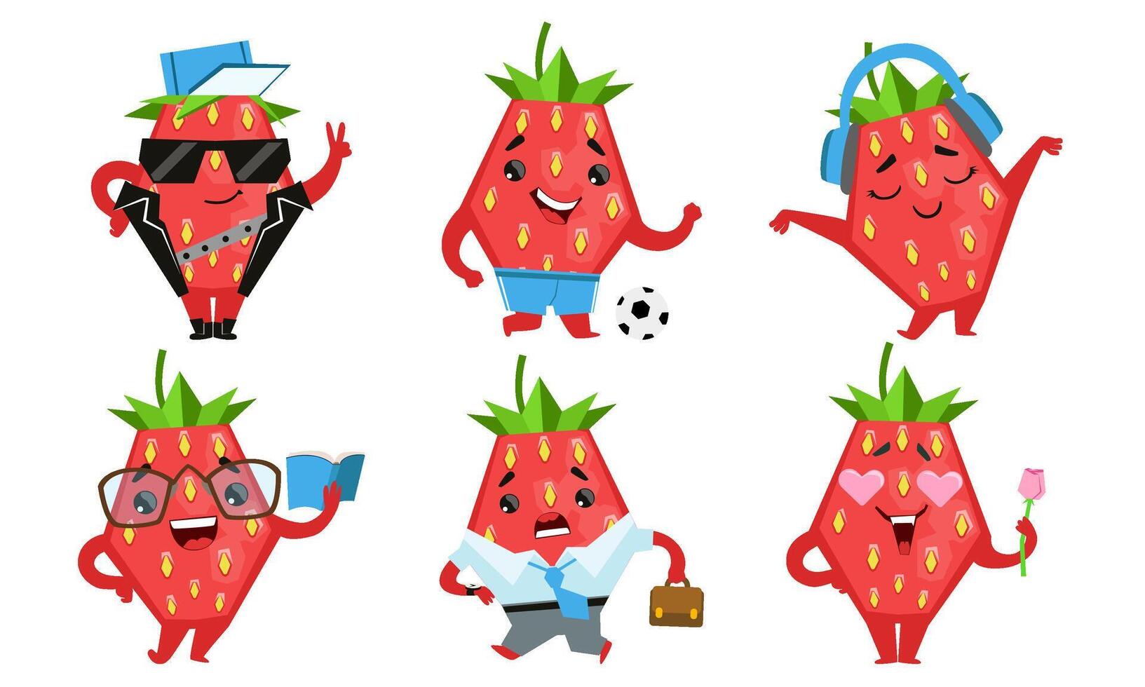 Cute Strawberry Cartoon Character Set, Funny Fruit in Different Situations and Various Emotions Illustration vector