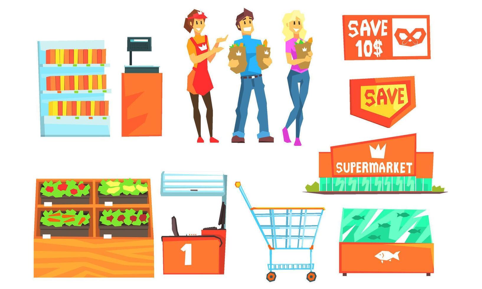 Supermarket Interior Elements Set, Supermarket Worker and Customers Who Choosing and Buying Products in the Shop Illustration vector