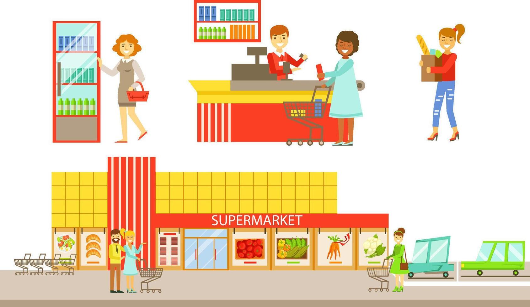 Supermarket Interior Elements Set, People Choosing and Buying Products in the Shop Illustration vector