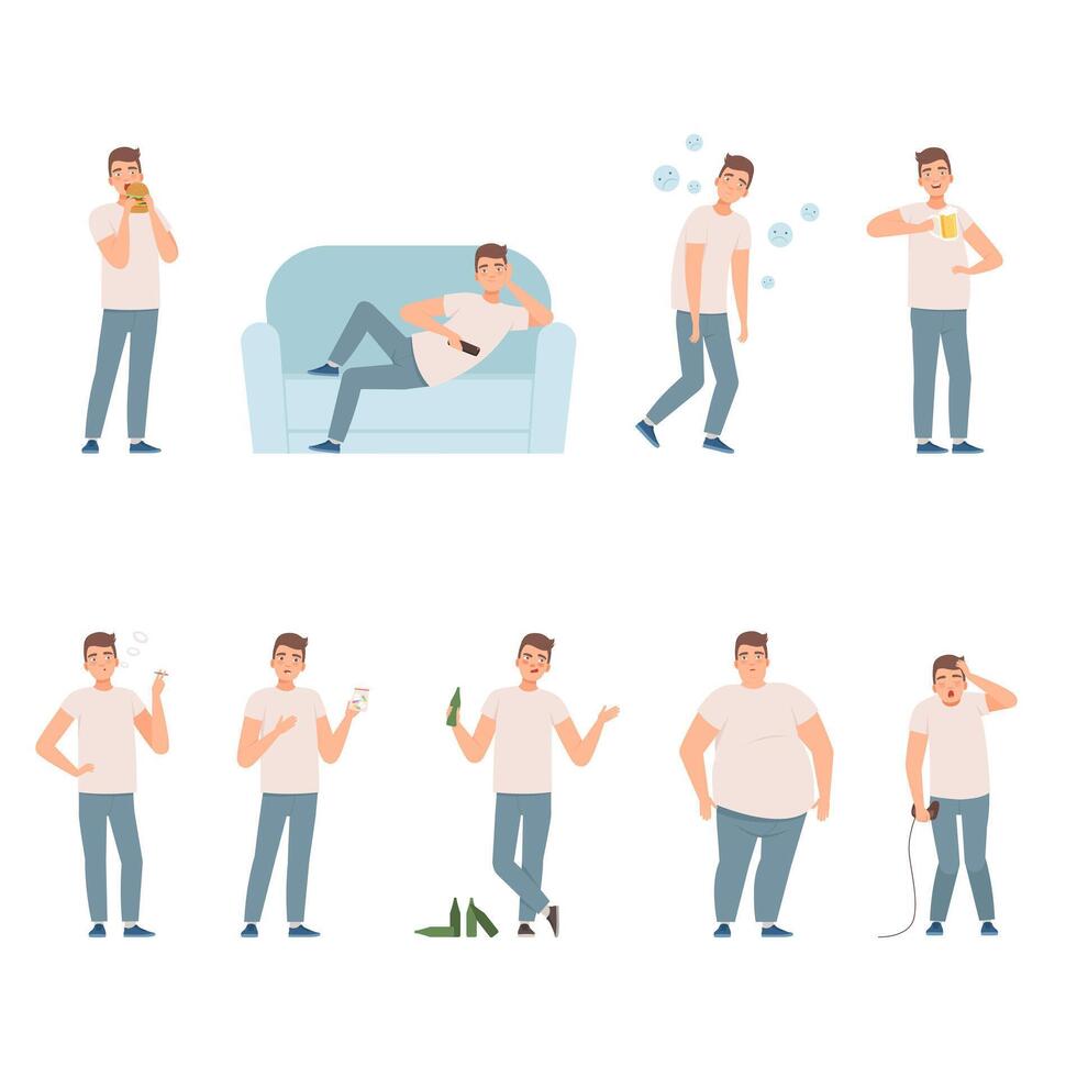 Lifestyle problems. People in a bad images and situations illustration vector