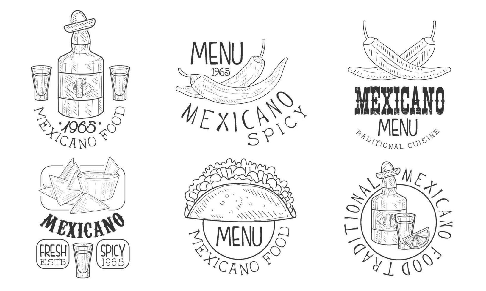 Mexicano Food Hand Drawn Retro Labels Set, Traditional Spicy Menu Monochrome Badges Illustration vector