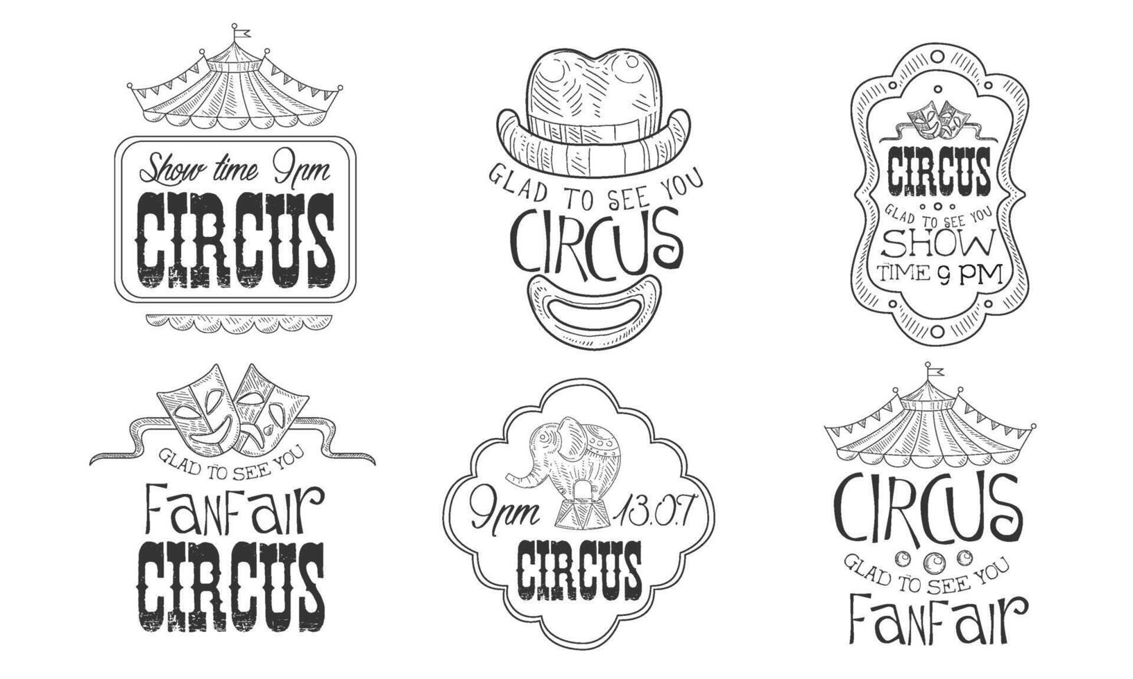 Circus Show Hand Drawn Retro Labels Set, Glad to See You Funfair Monochrome Badges Illustration vector