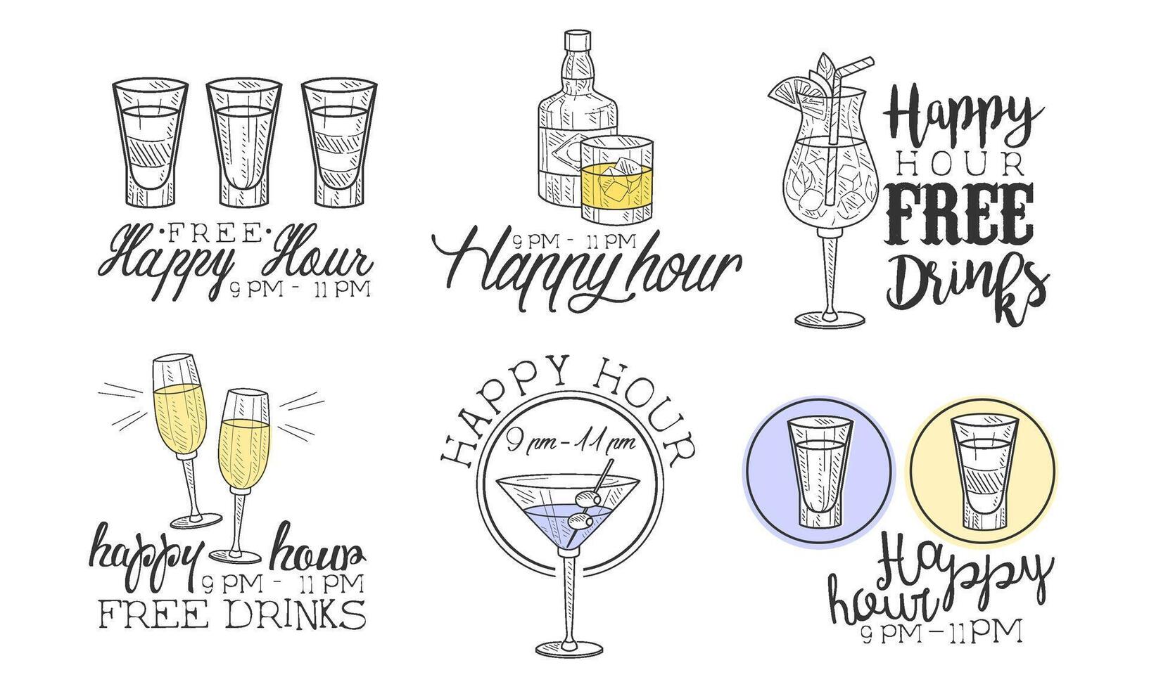 Happy Hour Hand Drawn Retro Labels Set, Free Drinks Monochrome Badges Illustration vector