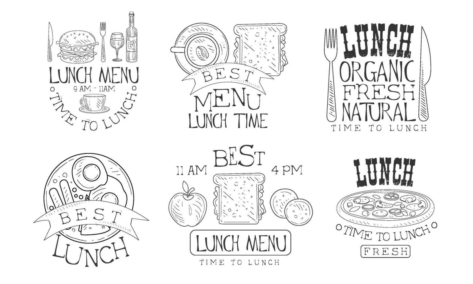 Lunch Menu Hand Drawn Retro Labels Set, Organic Fresh Natural Food Monochrome Badges Illustration vector