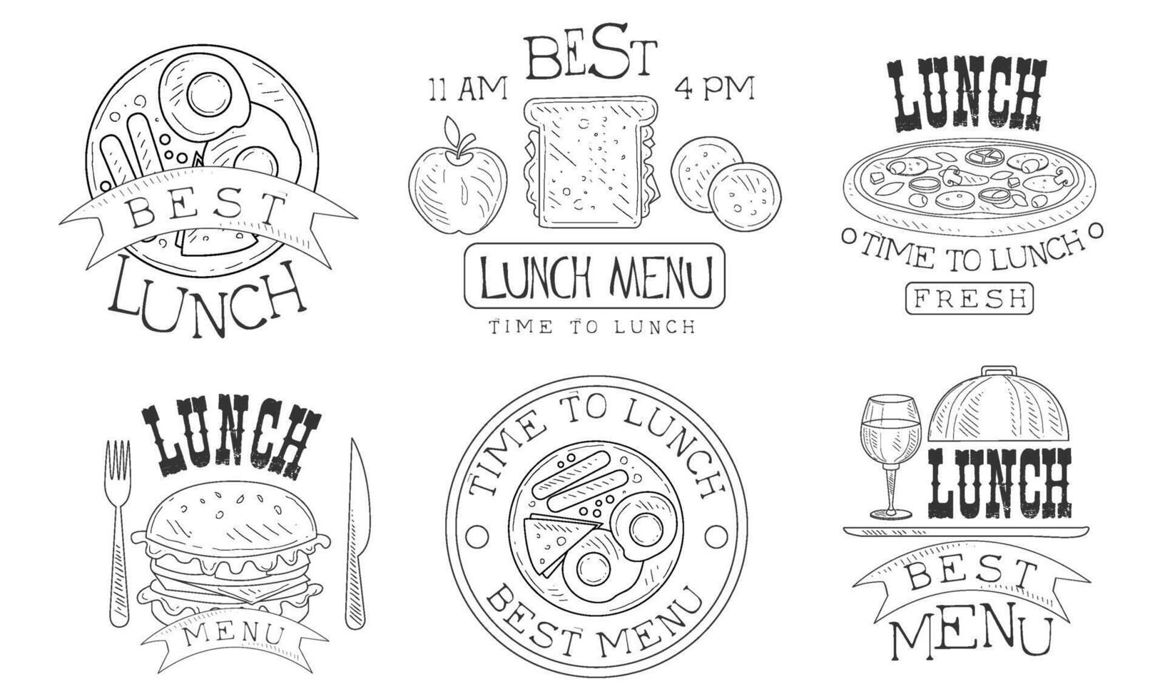 Time to Lunch Hand Drawn Retro Labels Set, Organic Fresh Natural Food Menu Monochrome Badges Illustration vector