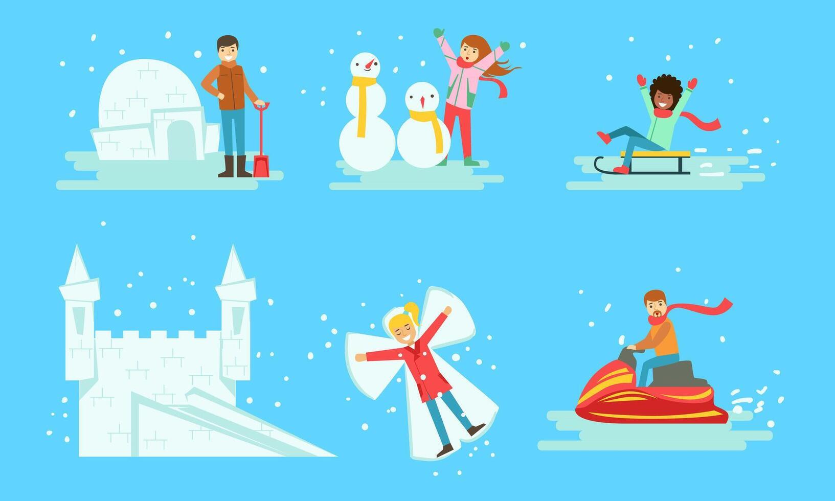 Winter Activities Set, People Building Icy Igloo and Castle, Making Snowman, Riding Snow Scooter, Sledding Illustration vector