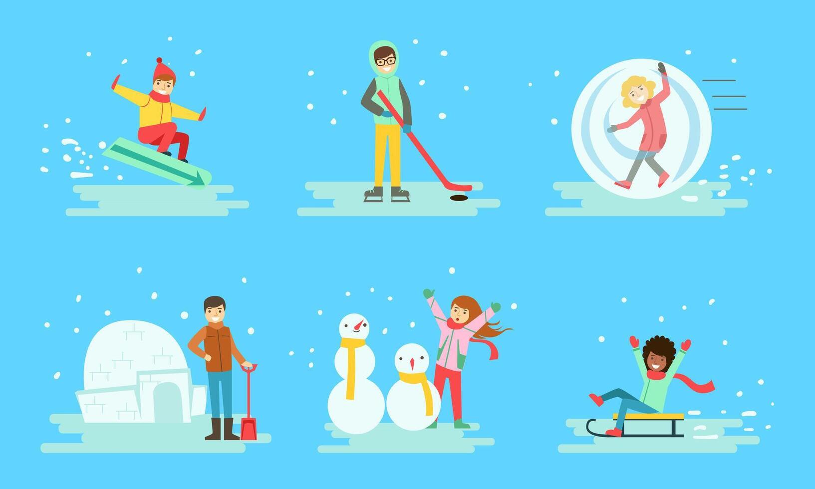 Winter Activities Set, People Snowboarding, Playing Hockey, Building Icy Igloo, Making Snowman, Sledding Illustration vector