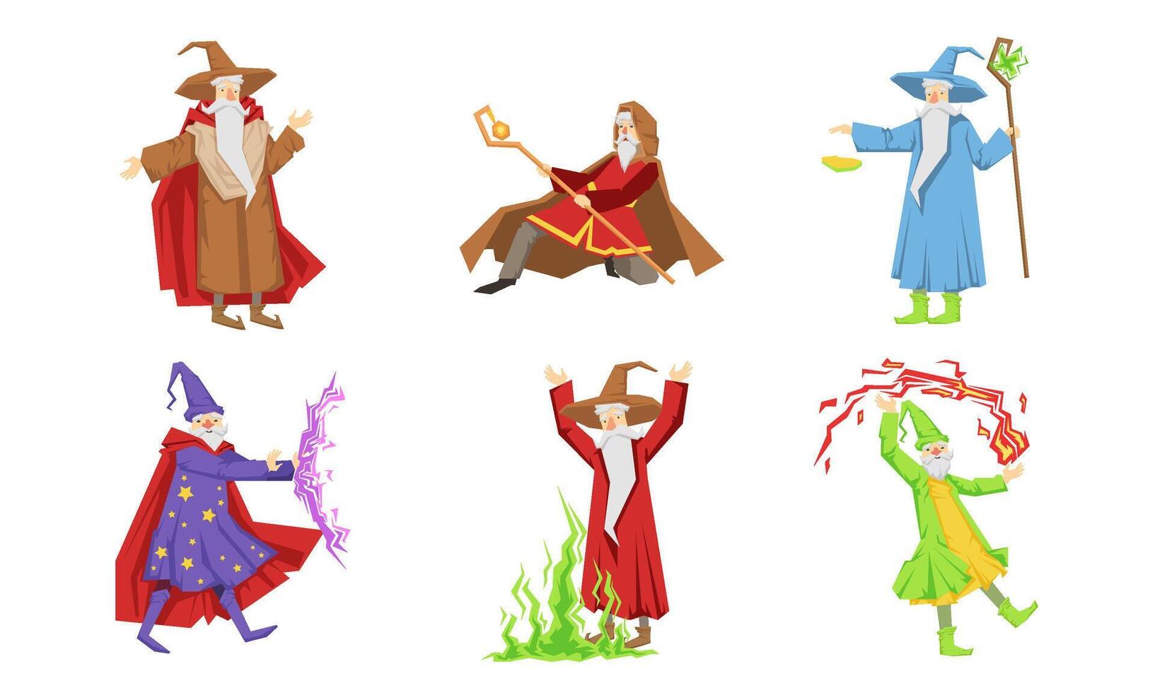 Old Wizard Characters Set, Male Magician or Warlock in Robe Practicing Wizardry Illustration vector