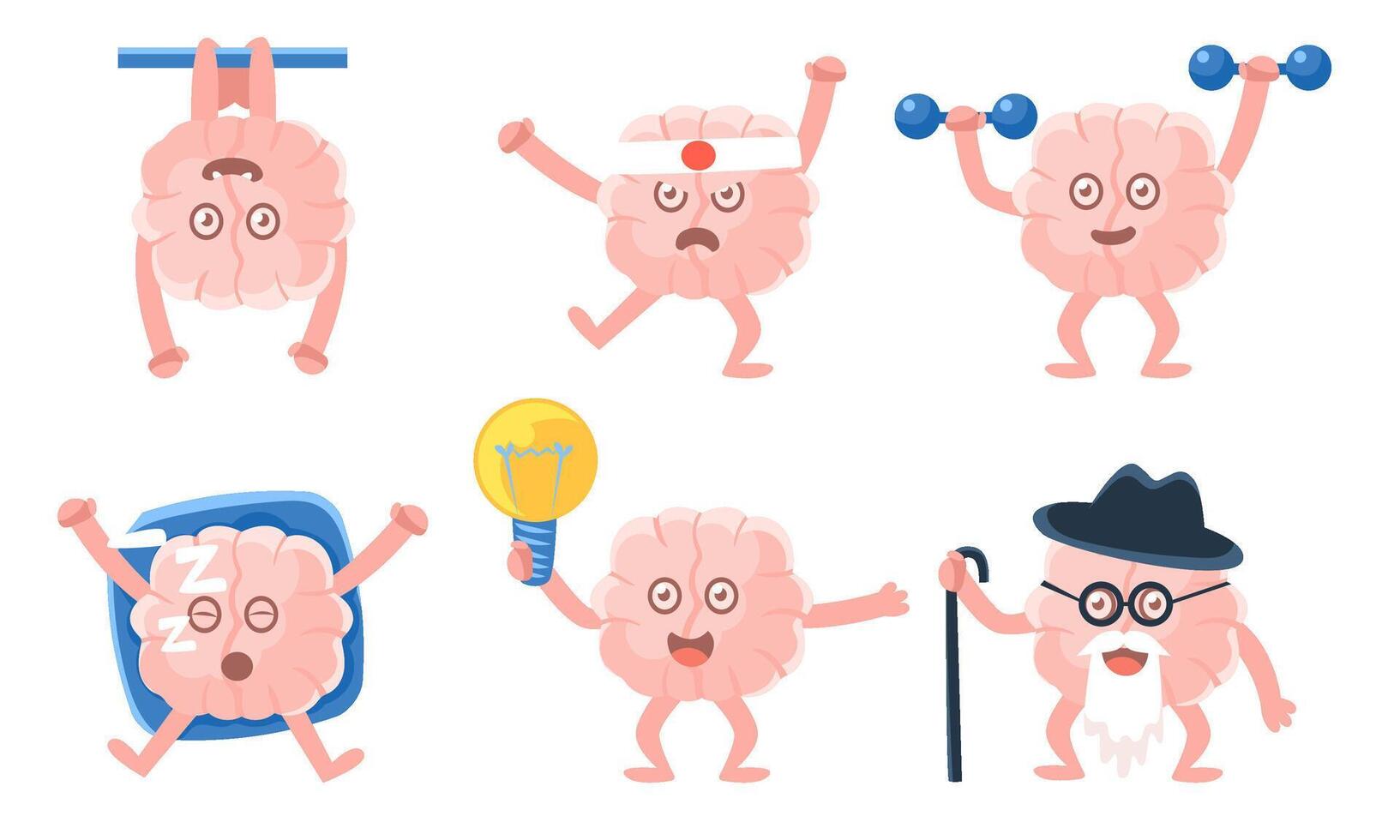 Pink Human Brain Characters in Different Situations, Funny Cartoon Emoticons Illustration vector