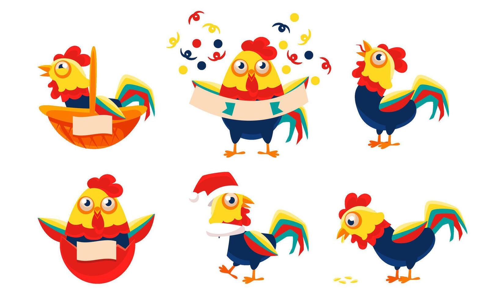 Collection of Roosters with Bright Plumage in Different Situations, Funny Poultry Character Illustration vector
