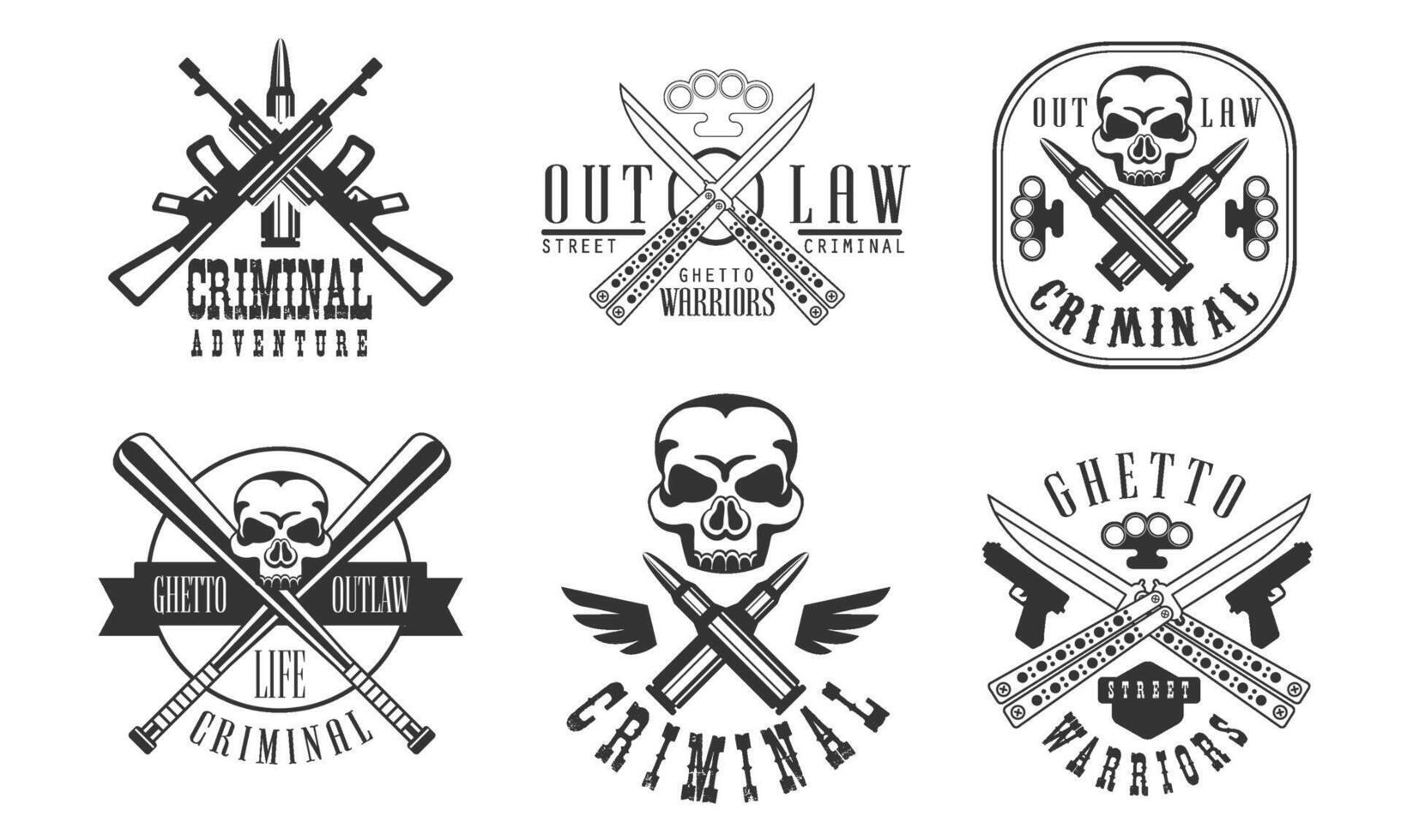 Outlaw Street Criminal Retro Labels Set, Ghetto Warriors Black Badges Illustration vector