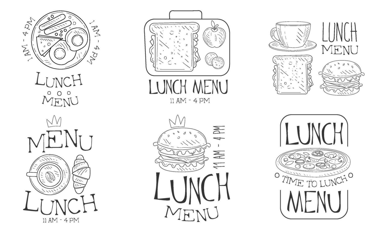 Lunch Menu Hand Drawn Retro Labels Set, Time to Lunch Monochrome Badges Illustration vector