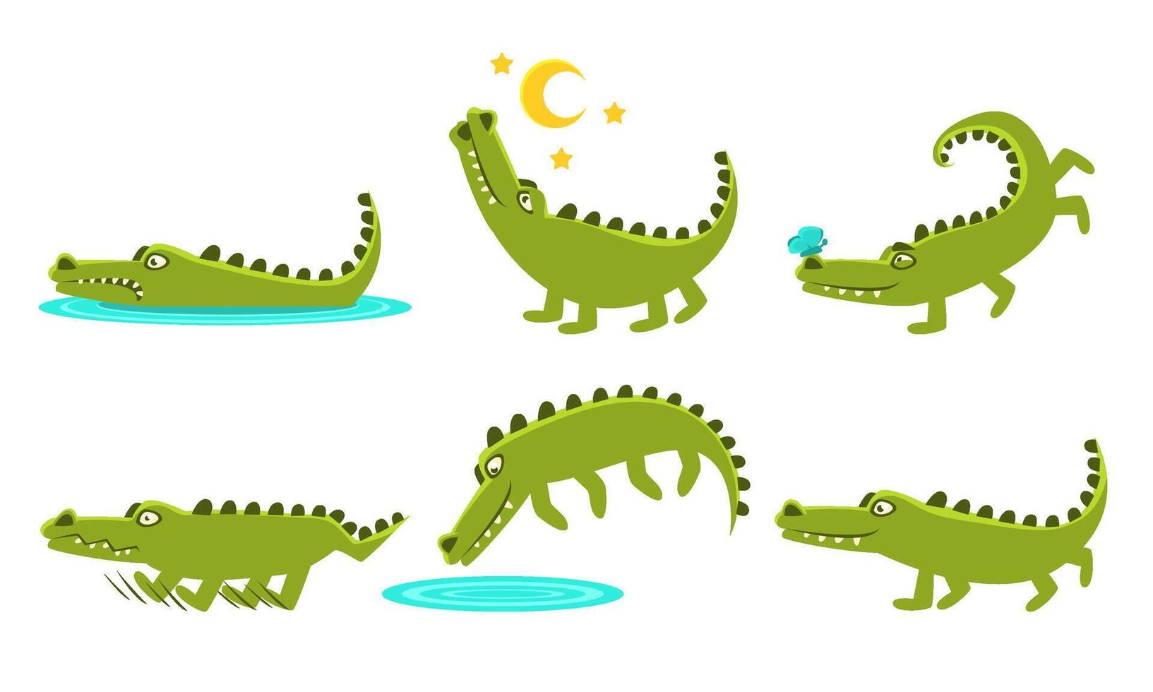 Cute Crocodile Cartoon Character In Different Poses Set, Funny Amphibian Animal with Different Emotions Illustration vector