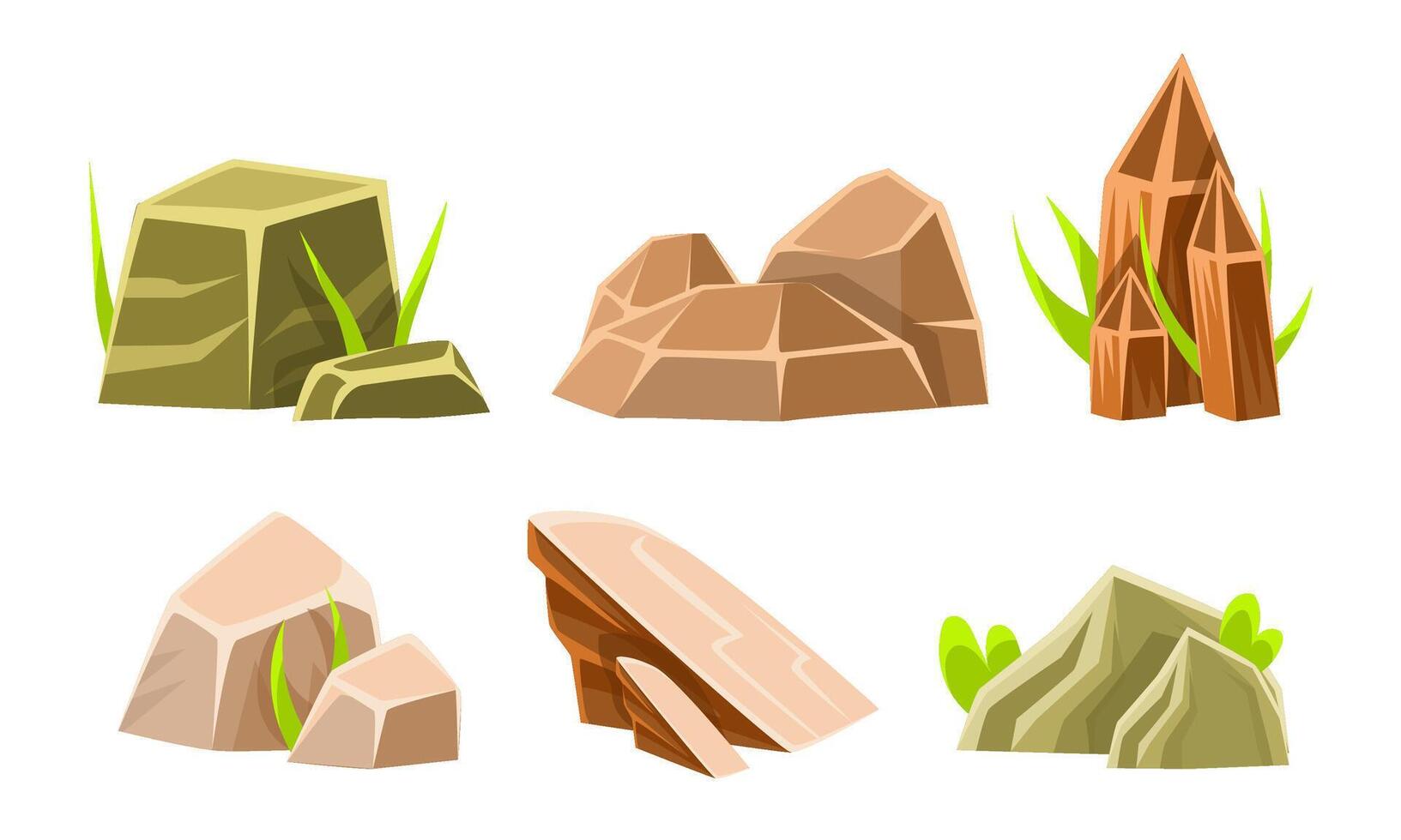 Rock Stones And Boulders With Grass Set, Summer Landscape Elements Illustration vector