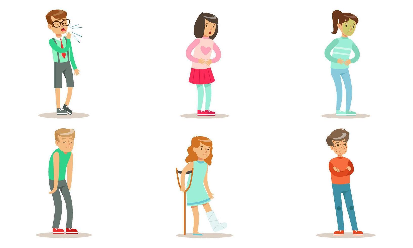 Kids Suffering from Different Symptoms Set, Boys and Girls Having Nausea, Cough, Stomach Ache, Broken Leg Illustration vector