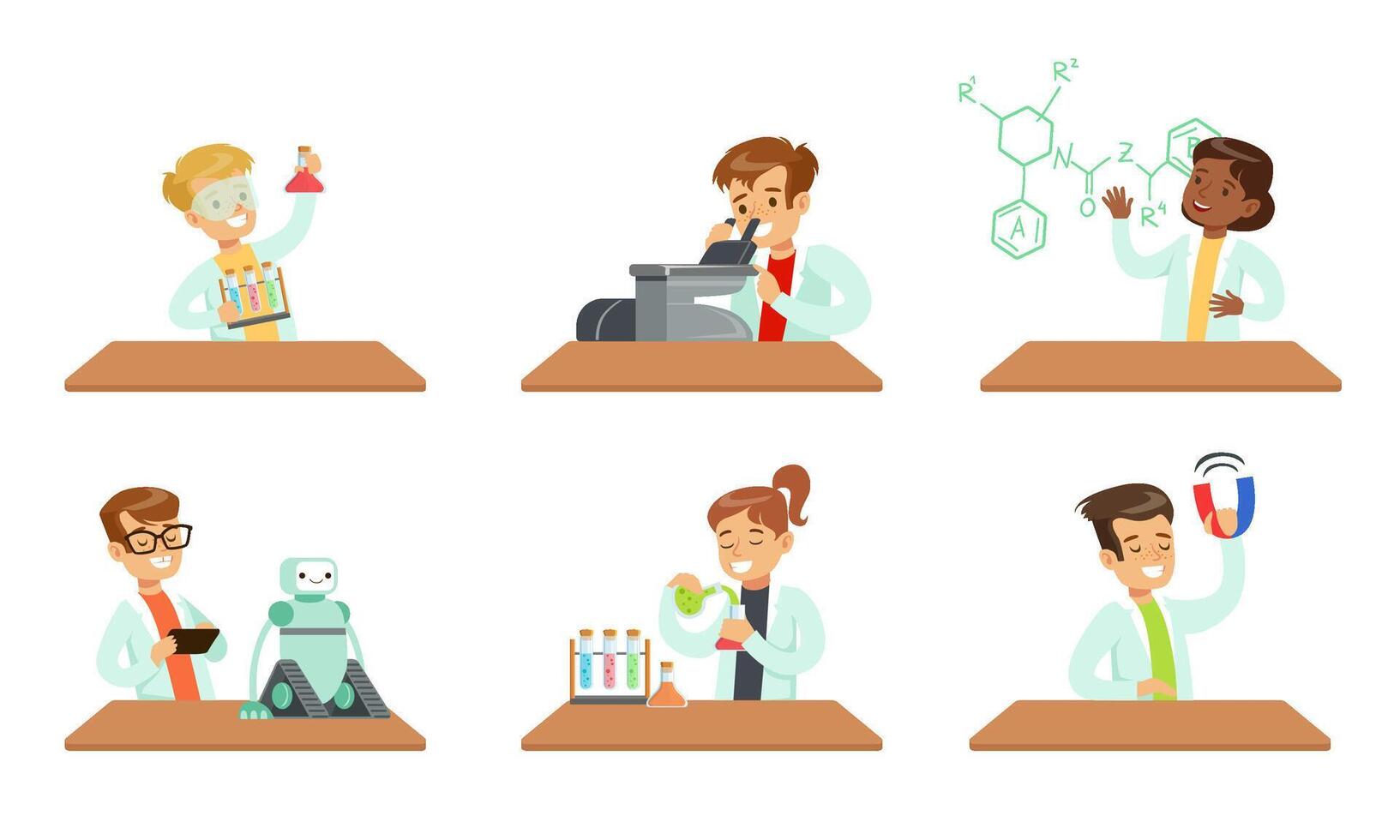 Kid Scientists Set, Boys and Girls Doing Experiments in the Laboratory Illustration vector