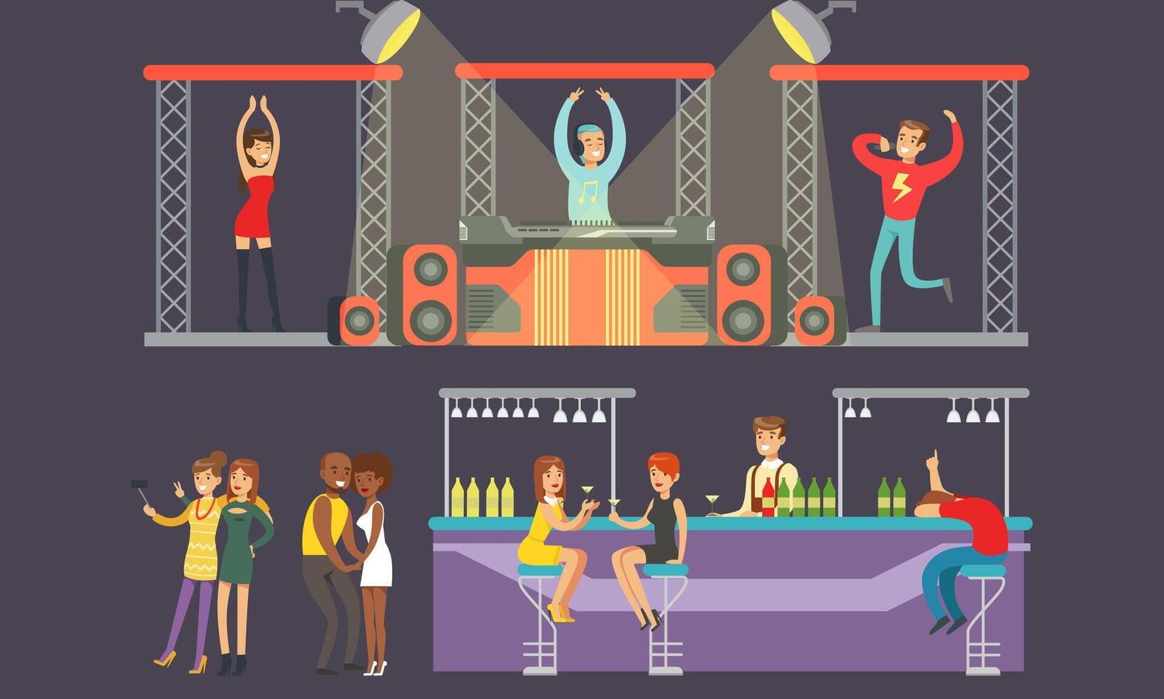People Dancing at Nightclub, Young Men and Women Drinking in the Bar, DJ Playing Music Illustration vector