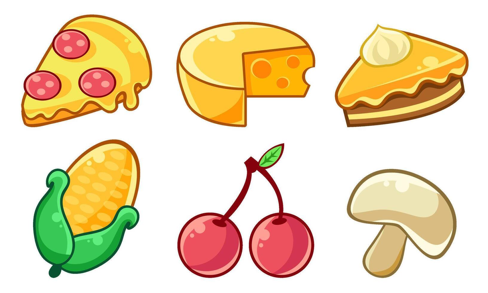 Food Icons Set, Pizza, Cheese, Pumpkin Pie, Corn, Cherry, Mushroom Illustration vector