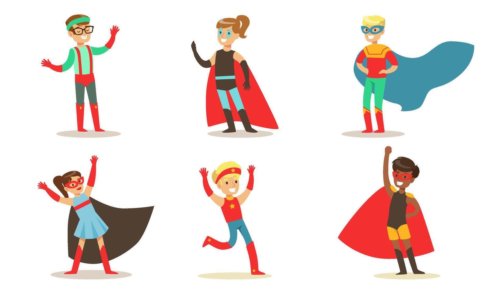 Cute Boys and Girls in Various Superhero Costumes Set, Kids in Capes and Masks Having Fun at Carnival or Party Illustration vector
