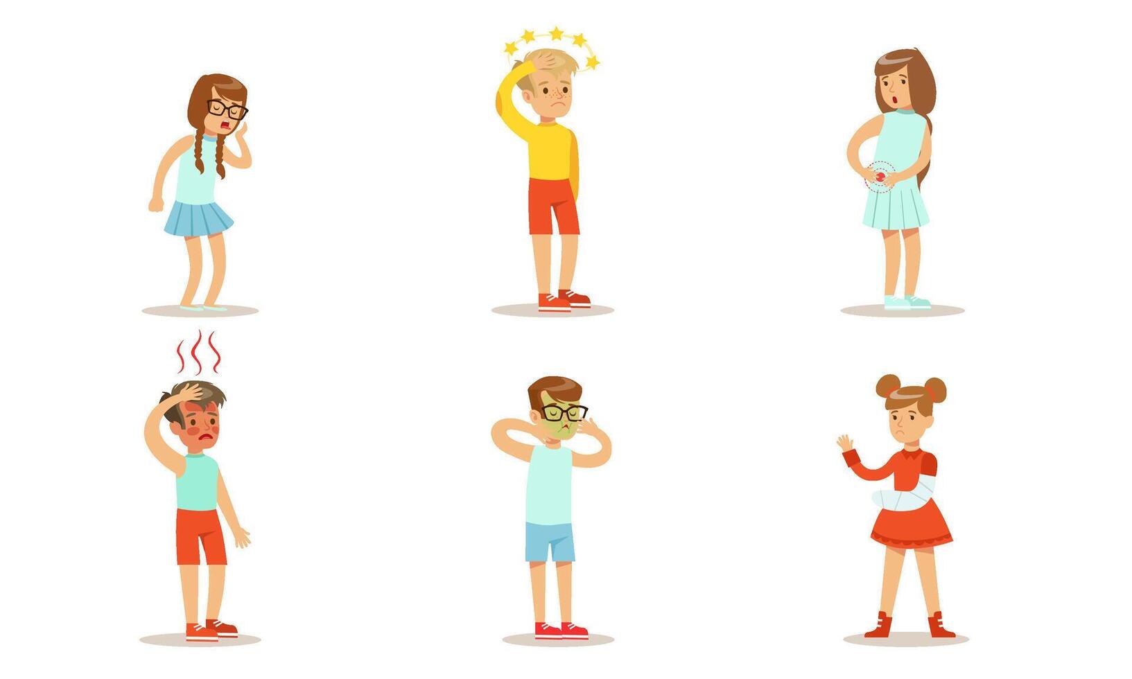 Kids Suffering from Different Symptoms Set, Boys and Girls Having High Temperature, Cough, Dizziness, Abdominal Pain, Nausea Illustration vector
