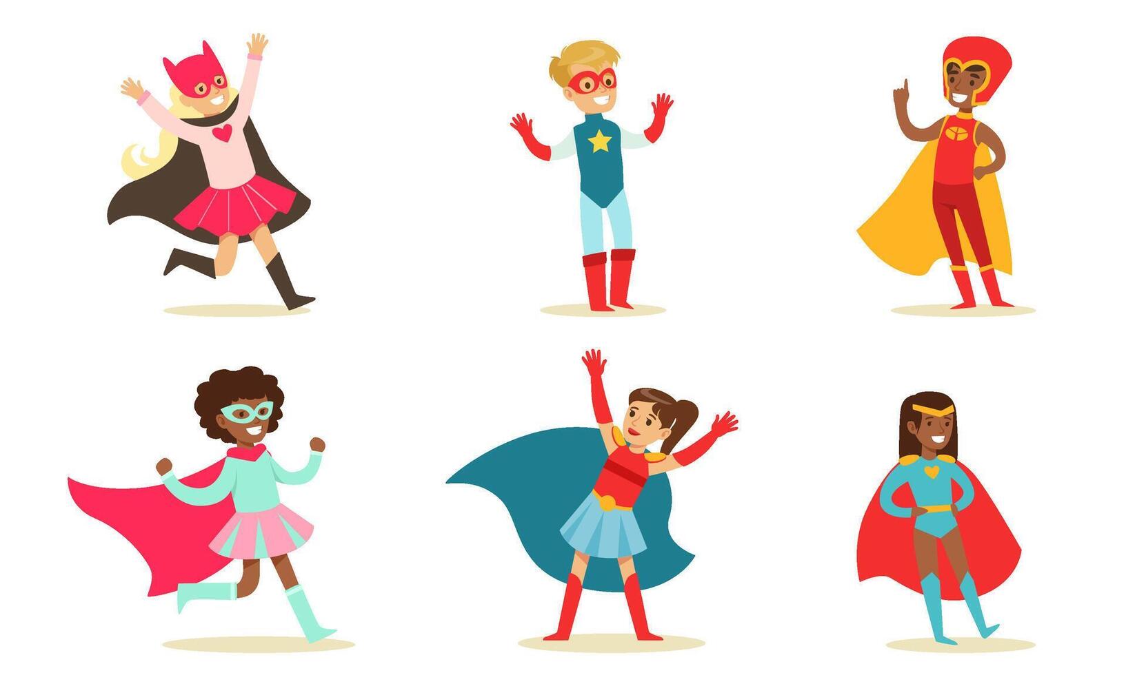 Cute Boys and Girls in Superhero Costumes Set, Kids in Capes and Masks Having Fun at Party Illustration vector