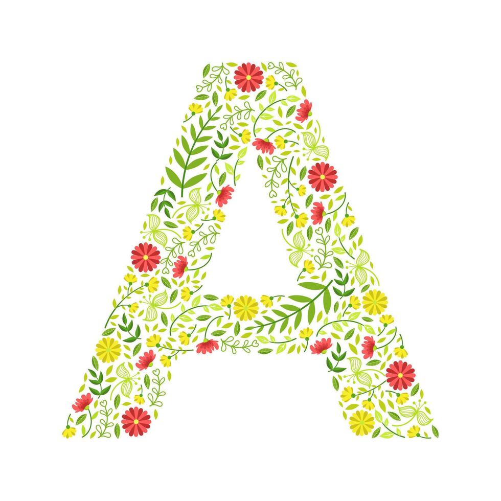 Capital Letter A, Green Floral Alphabet Element, Font Uppercase Letter Made of Leaves and Flowers Pattern Illustration vector