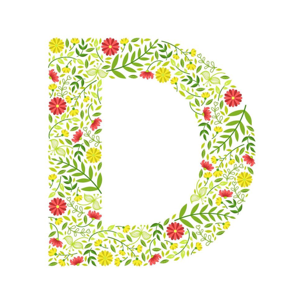 Capital Letter D, Green Floral Alphabet Element, Font Uppercase Letter Made of Leaves and Flowers Pattern Illustration vector